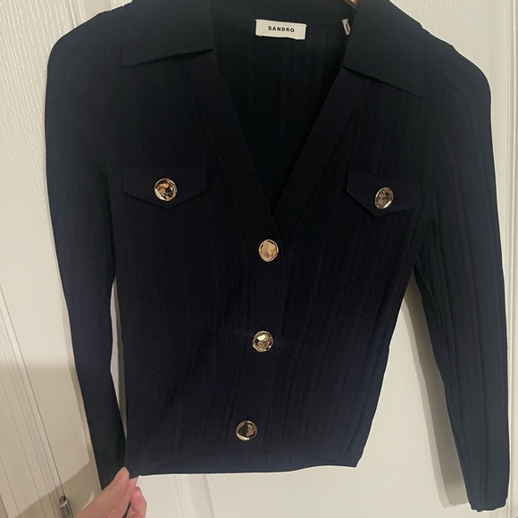 SANDRO Cropped Ribbed Pointelle Knit Cardigan Sweater Navy Blue Eyelet Gold HW 1 - Picture 7 of 12